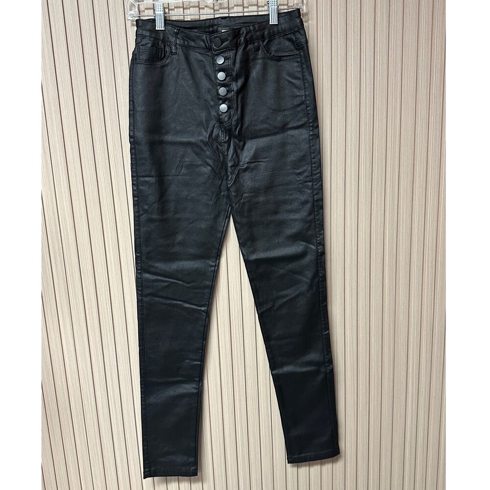 Coated High-Rise Button-Fly Skinny Pants Black Size L